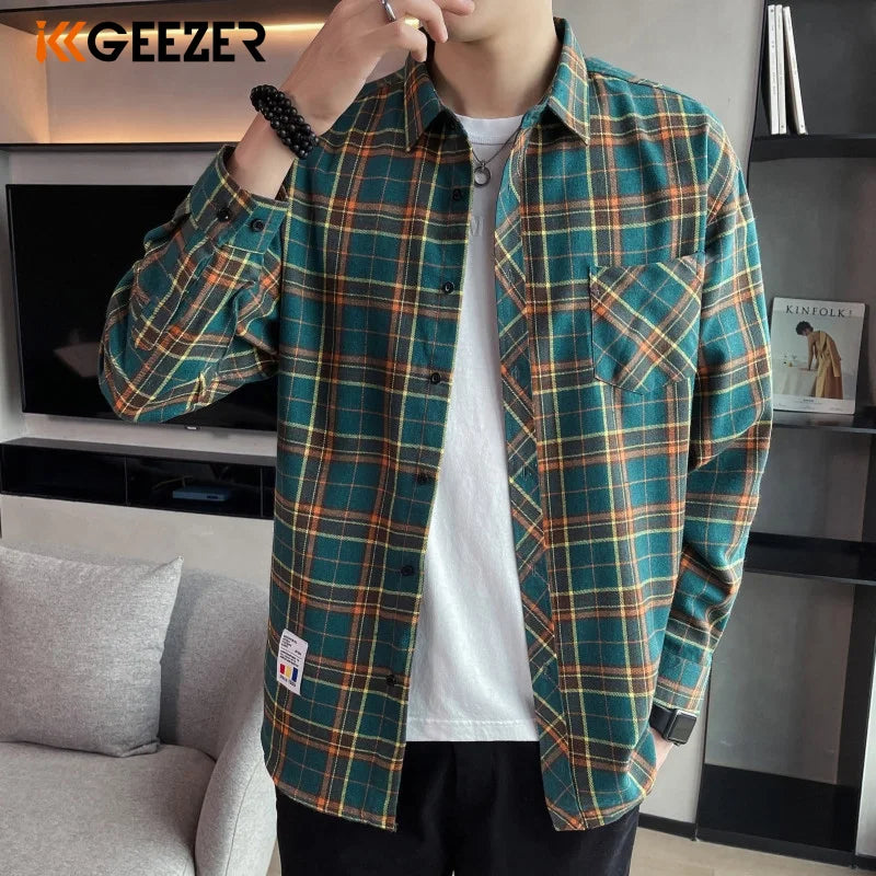 Men Flannel Plaid Shirt Long Sleeve Loose Hip Hop Street Mens Casual Shirts Pocket Male Soft Dress Shirt Plus Size Dropshipping