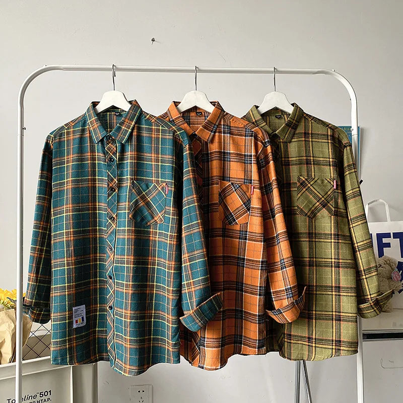 Men Flannel Plaid Shirt Long Sleeve Loose Hip Hop Street Mens Casual Shirts Pocket Male Soft Dress Shirt Plus Size Dropshipping