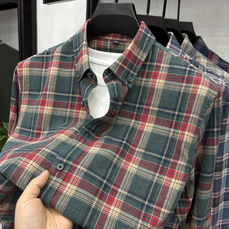 Cotton Brushed Plaid Shirt Autumn and Winter New Item Pure Cotton Plaid Shirt Men's Fashionable Shirt