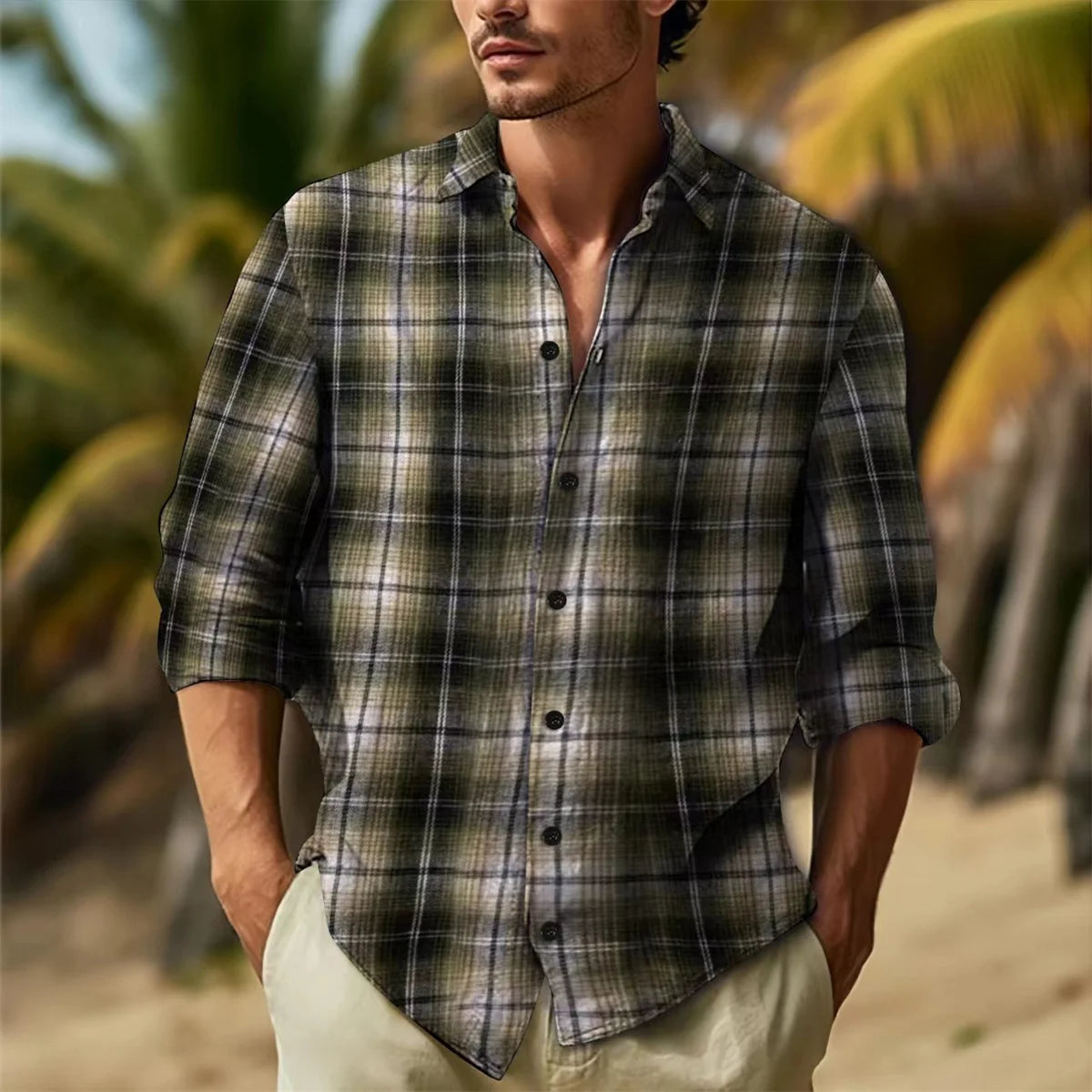 Fashion Men's Spring and Autumn Everyday casual British Academy Style Yarn-Dyed Plaid Plus-Size Loose Lapel Long-Sleeved Shirt