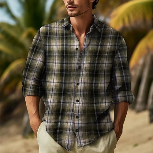 Fashion Men's Spring and Autumn Everyday casual British Academy Style Yarn-Dyed Plaid Plus-Size Loose Lapel Long-Sleeved Shirt