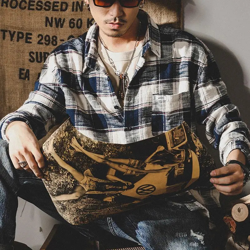 American Trendy Retro Plaid Shirt Men's Long Sleeves Loose Autumn Trend Japanese Spring and Autumn