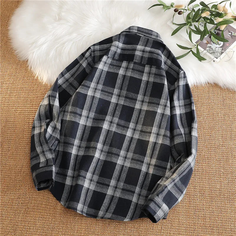Vintage Red Plaid Shirts Mens Korean Polo Neck Loose Casual Tops Men Hot Selling Outwear Up Long Sleeve Chemise Homme Streetwear