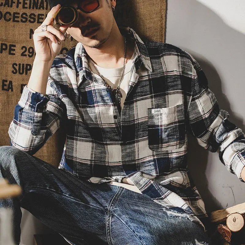 American Trendy Retro Plaid Shirt Men's Long Sleeves Loose Autumn Trend Japanese Spring and Autumn