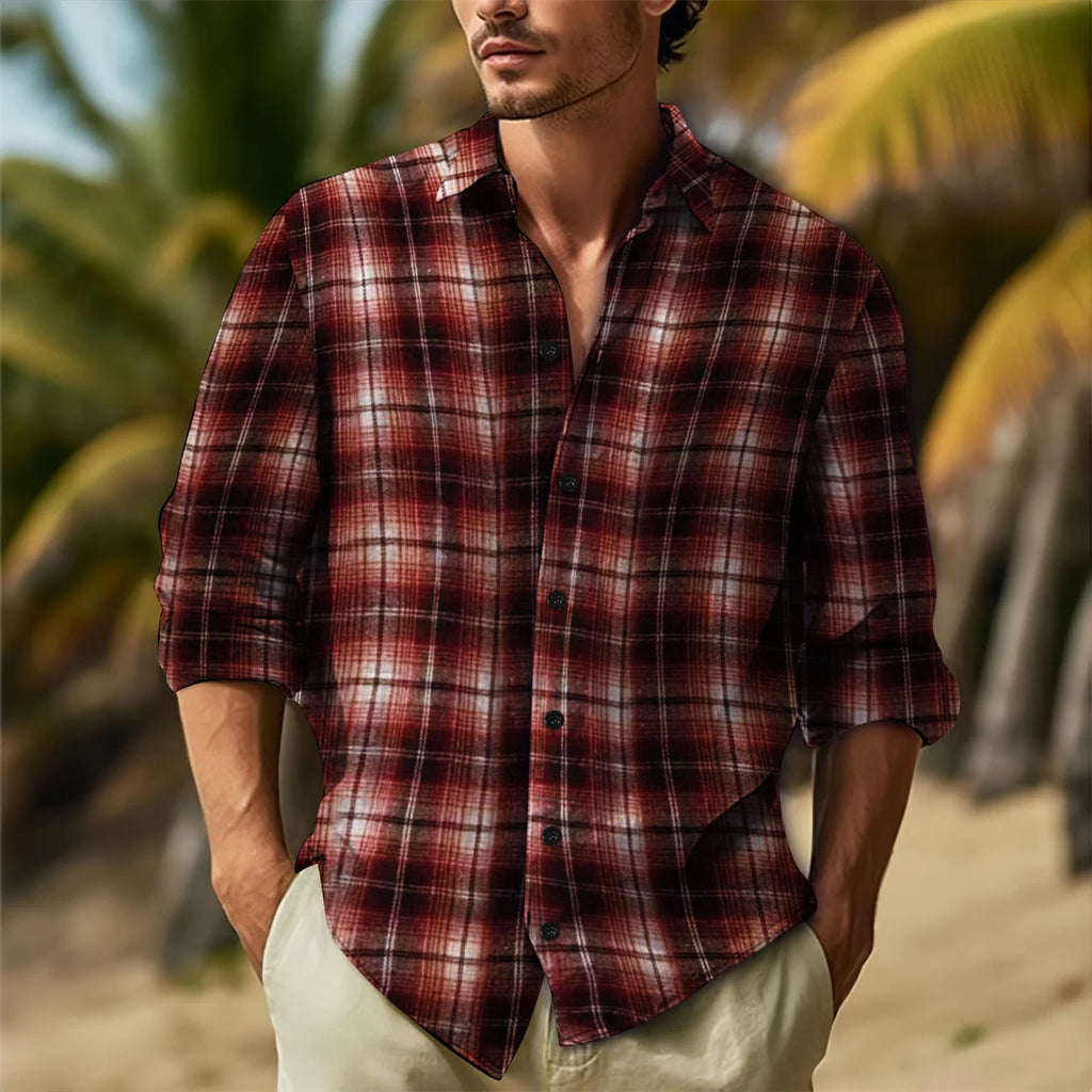 Fashion Men's Spring and Autumn Everyday casual British Academy Style Yarn-Dyed Plaid Plus-Size Loose Lapel Long-Sleeved Shirt